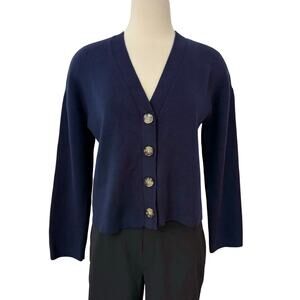 LOFT Ribbed Wide Sleeve V-Neck Cardigan Sweater Button Down Navy S NWT